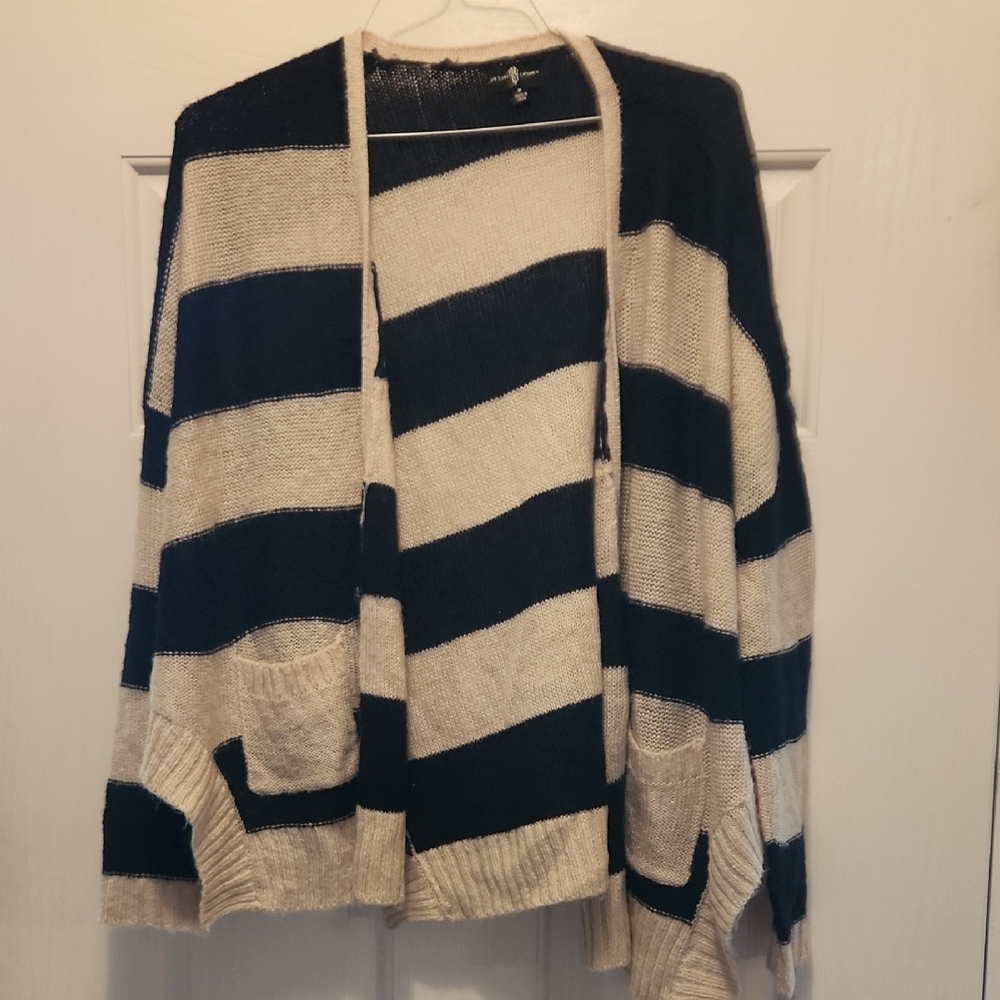NAVY and Cream Striped Cardigan Sweater